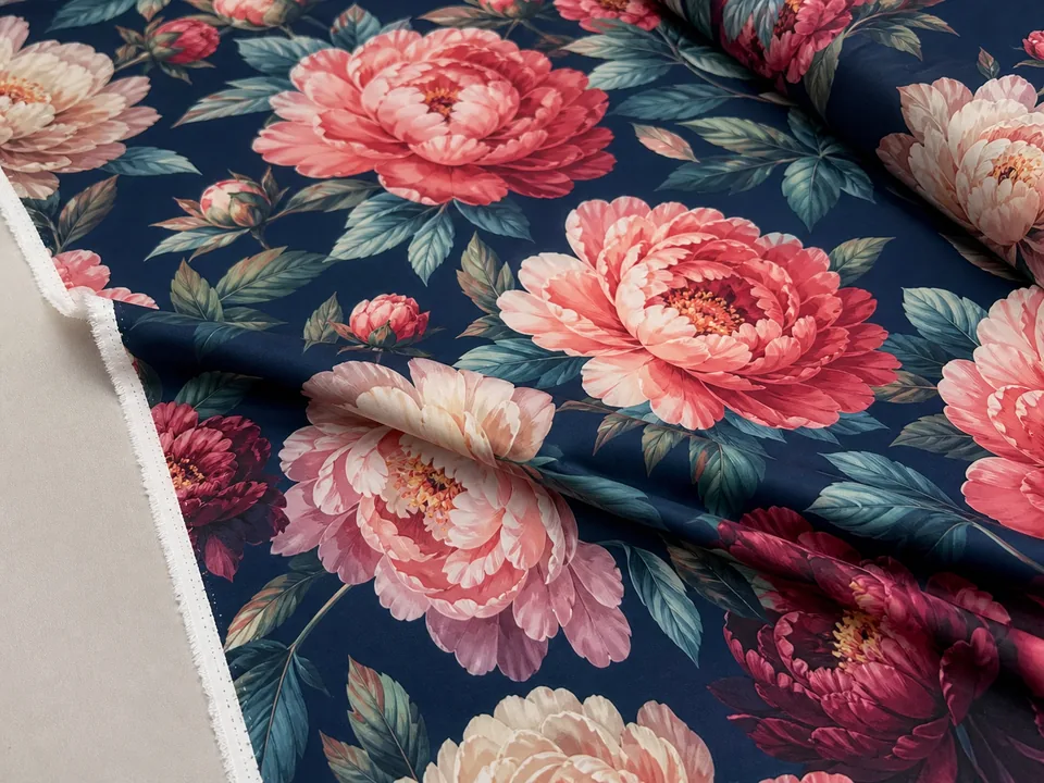 Navy peony digital printed brushed polyester fabric