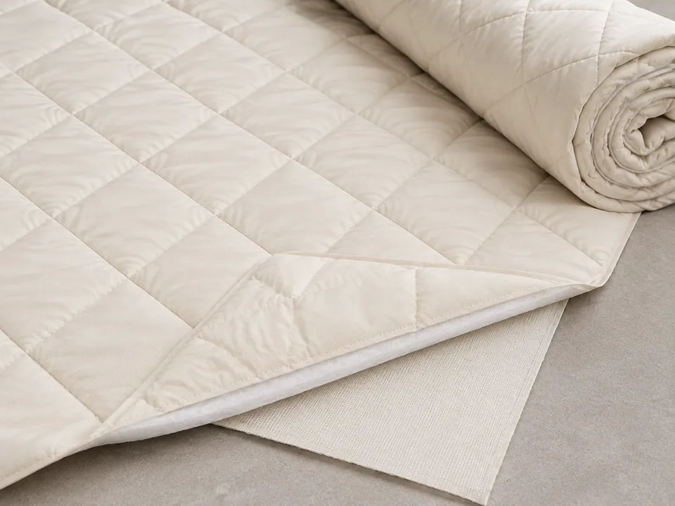 Ivory diamond-quilted polyester fabric with three-layer construction