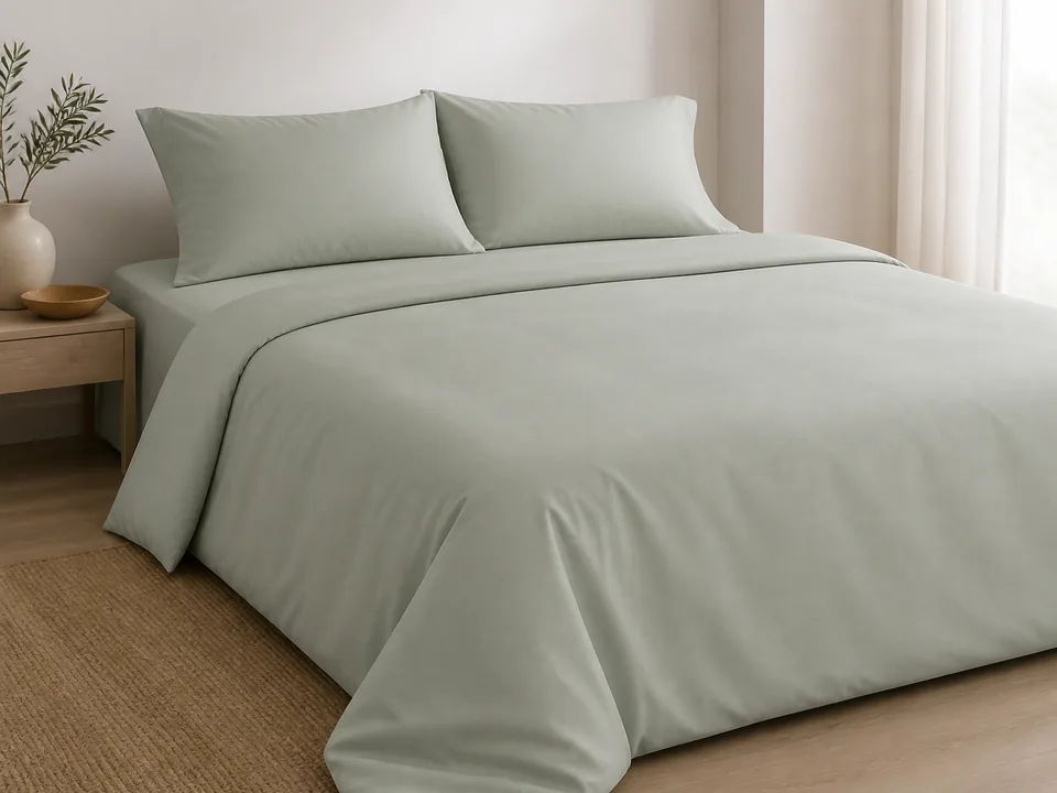Sage-gray washed solid-dyed brushed polyester bedding bedding application