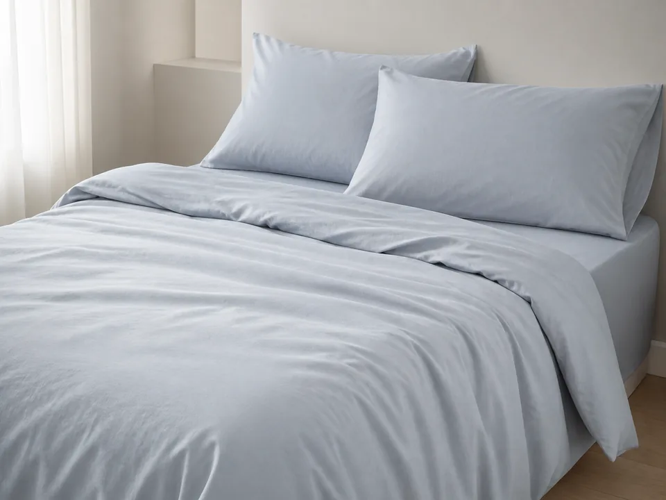 bedding application of mist-blue washed solid-dyed brushed polyester bedding