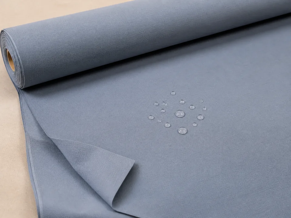 Blue-gray water-repellent polyester mattress fabric with surface water beads