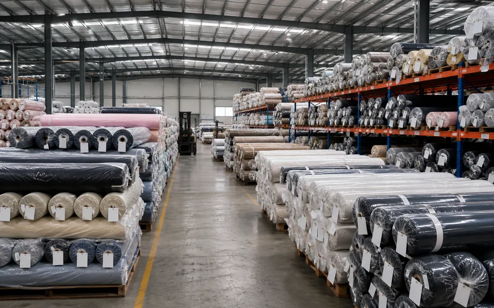Organized finished fabric rolls awaiting dispatch
